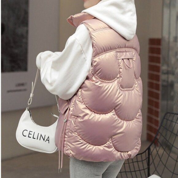 Women Padded Quilted Vest Size XXL Bright Pink High Neck Full Zipper Adjustable - Picture 3 of 7